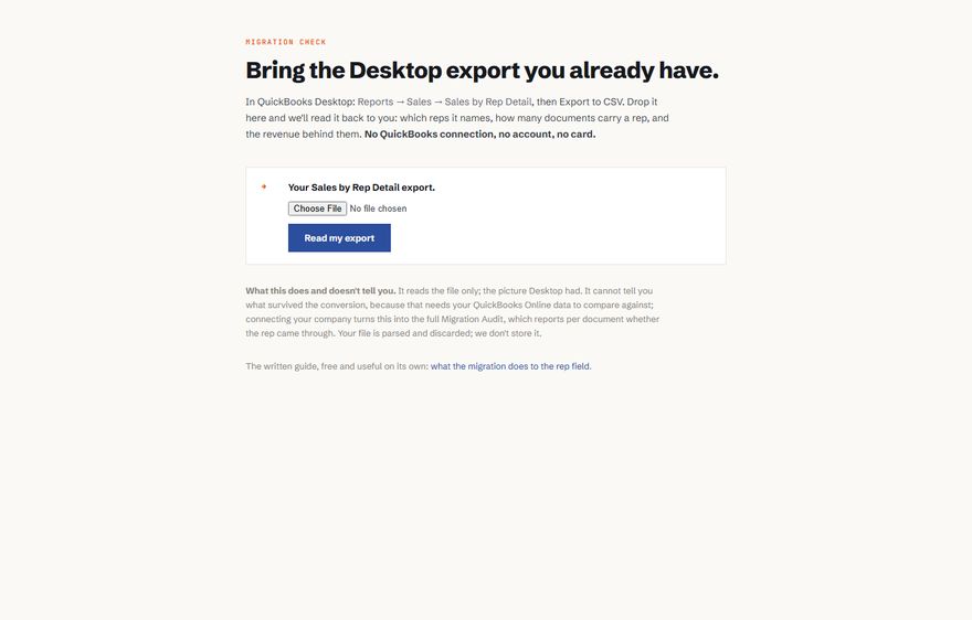The migration check: drop the Desktop Sales by Rep export and it reads it back
