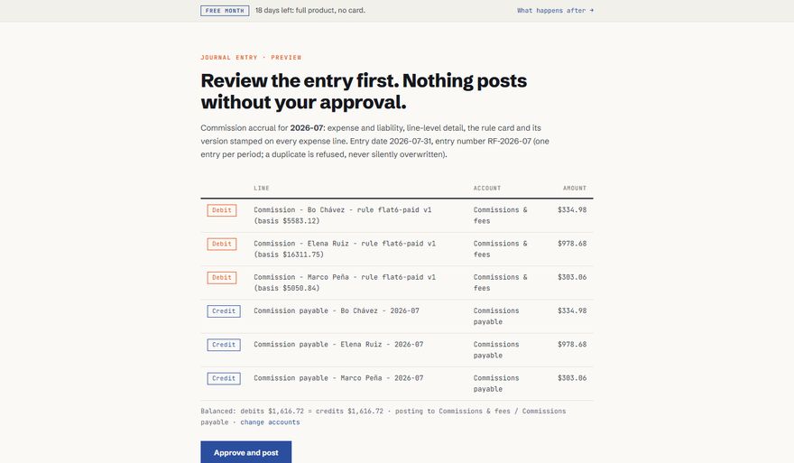The journal entry preview: debit and credit lines with rep, rule card and version